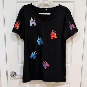 Black T-Shirt with Colorful Castle Design